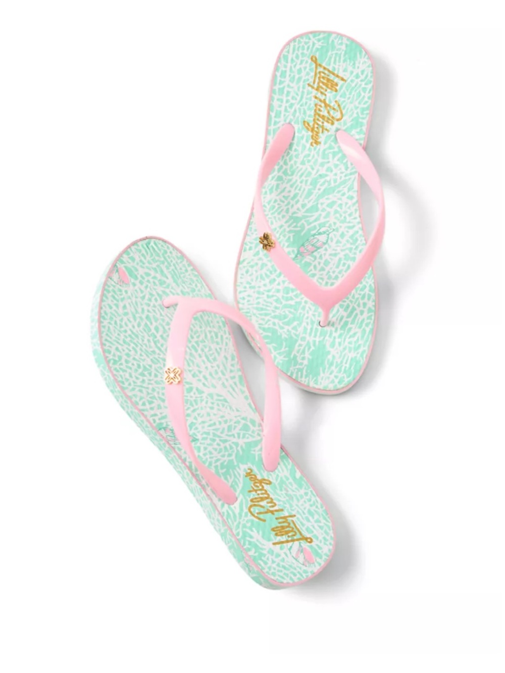 NIP Lilly Pulitzer Mint Condition Pool Flip Flop Sandals with Gold Accent 7/8